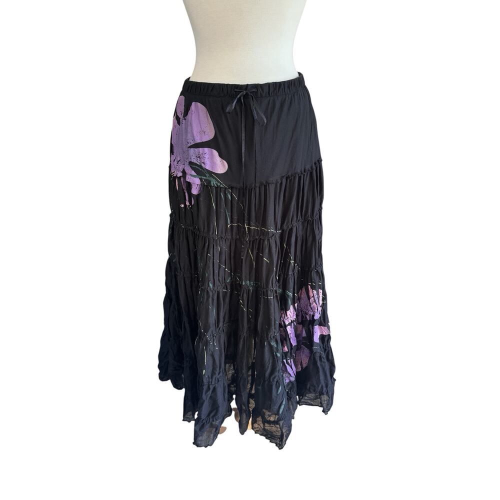 CC COUTURE Floral Painted Tiered Maxi Skirt in Black Size 1X Womens Cotton Lined